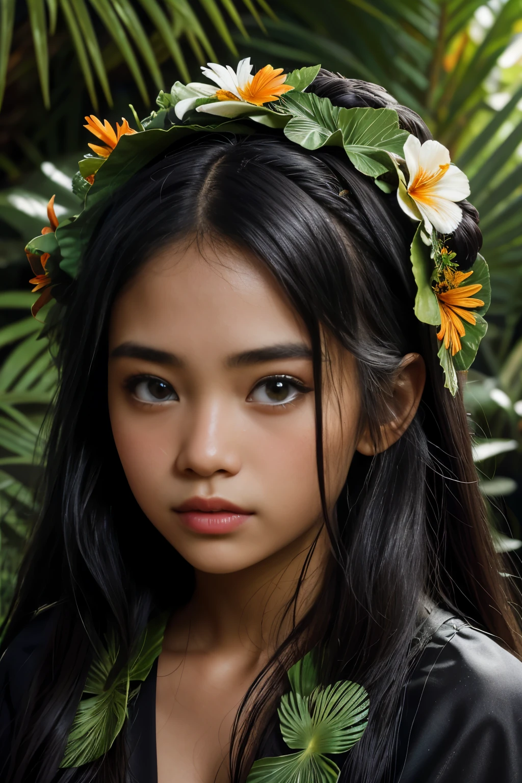 VERY CLOSE UP, PORTRAIT, ONE SMALL POLYNESIAN HAWAIIAN GIRL, VERY DARK BLACK SKIN, LONG HAIR, FLOWER LEI'S ON HEAD, MUMU DRESS, IN A TROPICAL BOTANICAL GARDEN