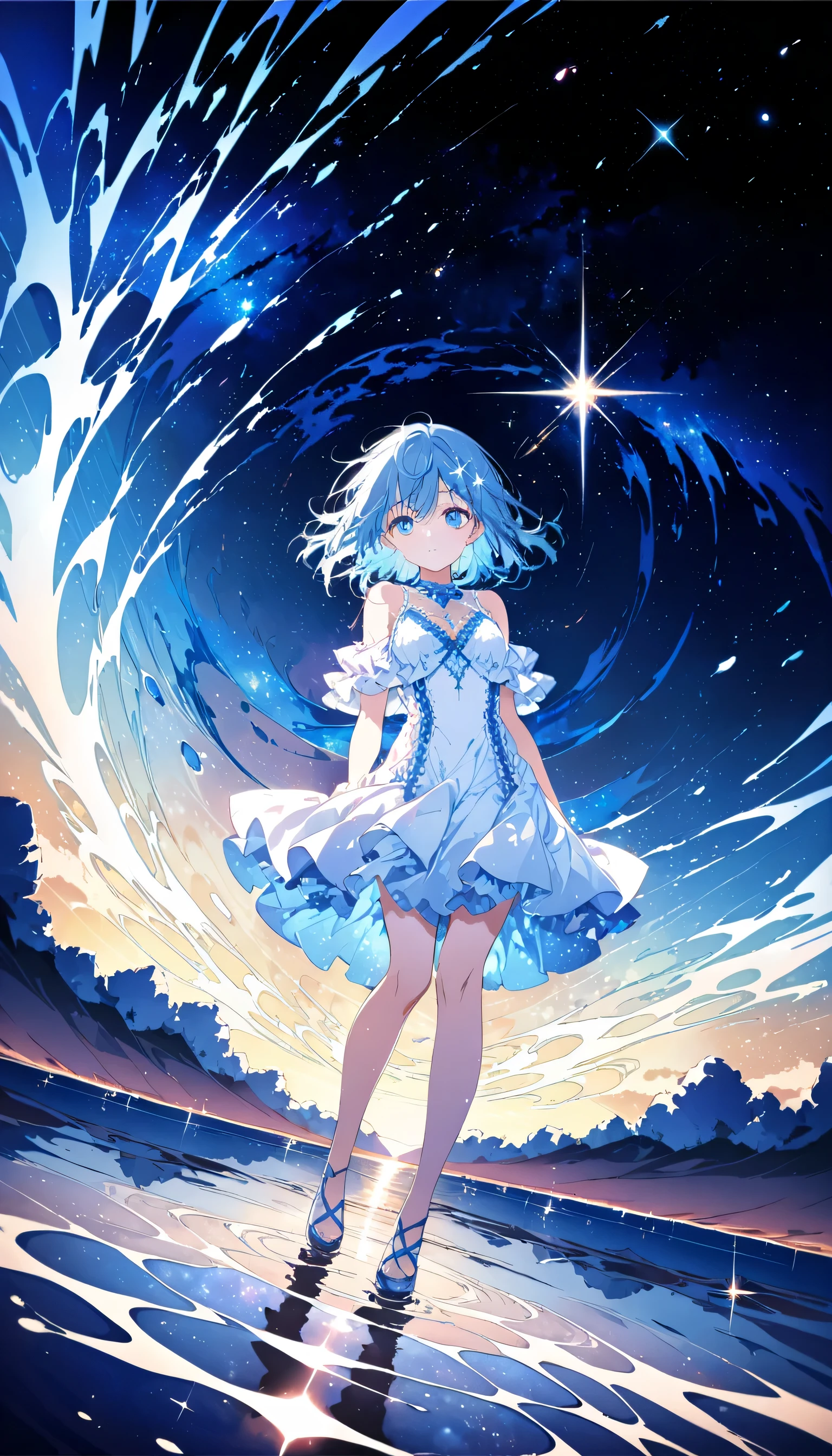 Absurd, High resolution, (Official Art, beautifully、aesthetic:1.2), (Shortsighted:1.15), (One girl, Blue Hair, Medium Hair, blue eyes, Bright Eyes, long white dress, Blue frills,:1.2) blue sky, Sparkling Galaxy, (Uyuni salt lake:1.2), (Fractal Art:0.8), water effects, Ripple effects, (Flower effect: 0.65), Light effects,