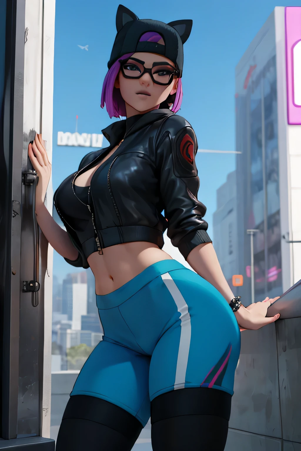 Traje de lino Cyberpunk, pulsera de picos,gorro de invierno , shorts negro con leggins Azul Marino, chaqueta azul marino ,Extremadamente detallado, rostro detallado, gafas ,hermoso rostro, ojos finos, mirando al espectador, pose femenino, Noche