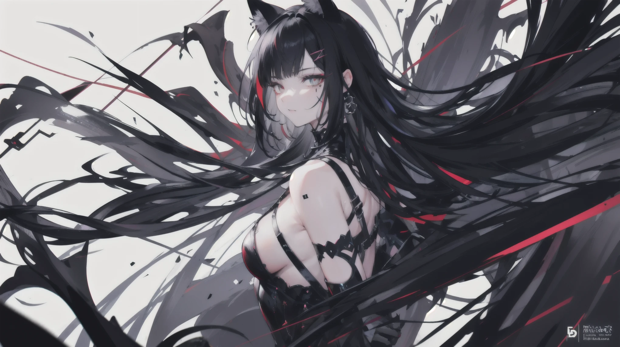 black hair, colored inner hair, hairpin, mole under eye, cat ears, smelling, Gothic art, chiaroscuro, chromatic aberration, 8k, super detail, anatomically correct, textured skin,Holding a spear