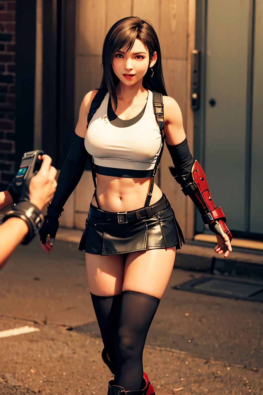 8k,masterpiece, bset quality,huge tit、(1girl in、tifa lockhart、red_eyes、black hair、long hair、Flapping hair, Adult beauty、shinny skin、Shiny big)、 ((top-quality))、 Crisp focus:1.2、Highly detailed facial and skin texture、A detailed eye、face perfect、perfect bodies、art by、CG、Blur the background、Big breasts with a strong presence、(20yo,Mature cool and beautiful face、elongated eyes)、wear ((Suspender Black Skirt)),(( Black Elbow Gloves,White taut shirt、Thigh、white tank tops、Ankle Boots、Red boots、a navel、red blush))、upper body、a smile,Professional-looking light source、Fluttering hair、Random angles、 Low waist,thick thight、face lights, Cinematographic lighting、Midgar、The robotic weapons factory of the future、Fighting、Dynamic Actions、looking at viewert