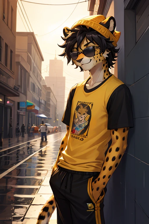 Cheetah, antro, male, solo, non-human, street clothes, Rain, younger, 20 years old, taller, messy hair, cheetah face, slim body, cheetah tail, sun glasses, black hair, little smile, furry, gorro de tela color negro, camiseta color amarillo, pantalon negro, ropa informal, 