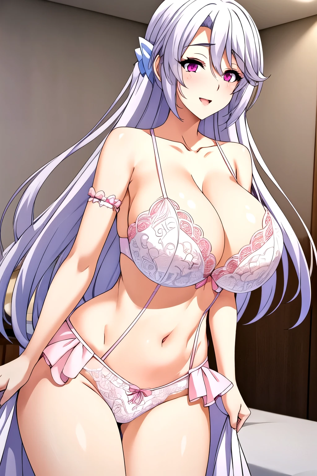 Long hair,Pink Eyes,Silver Hair, 1 girl, 18 years old,Young women,Beautiful finger,beautiful long legs,beautiful body,beautiful nose,Beautiful character design, Perfect eyes, perfect 脸, best quality, (8k), (4K),(masterpiece), (best quality), Extremely detailed, Game CG, Wheels within wheels, Super detailed, illustration, Beautiful Body,Beautiful nose,Beautiful character design, Perfect eyes, Perfect face, 1 Girl, Open your mouth, blush, Huge breasts, Smile, wedding dress_Light blue underwear_blue lace, bride