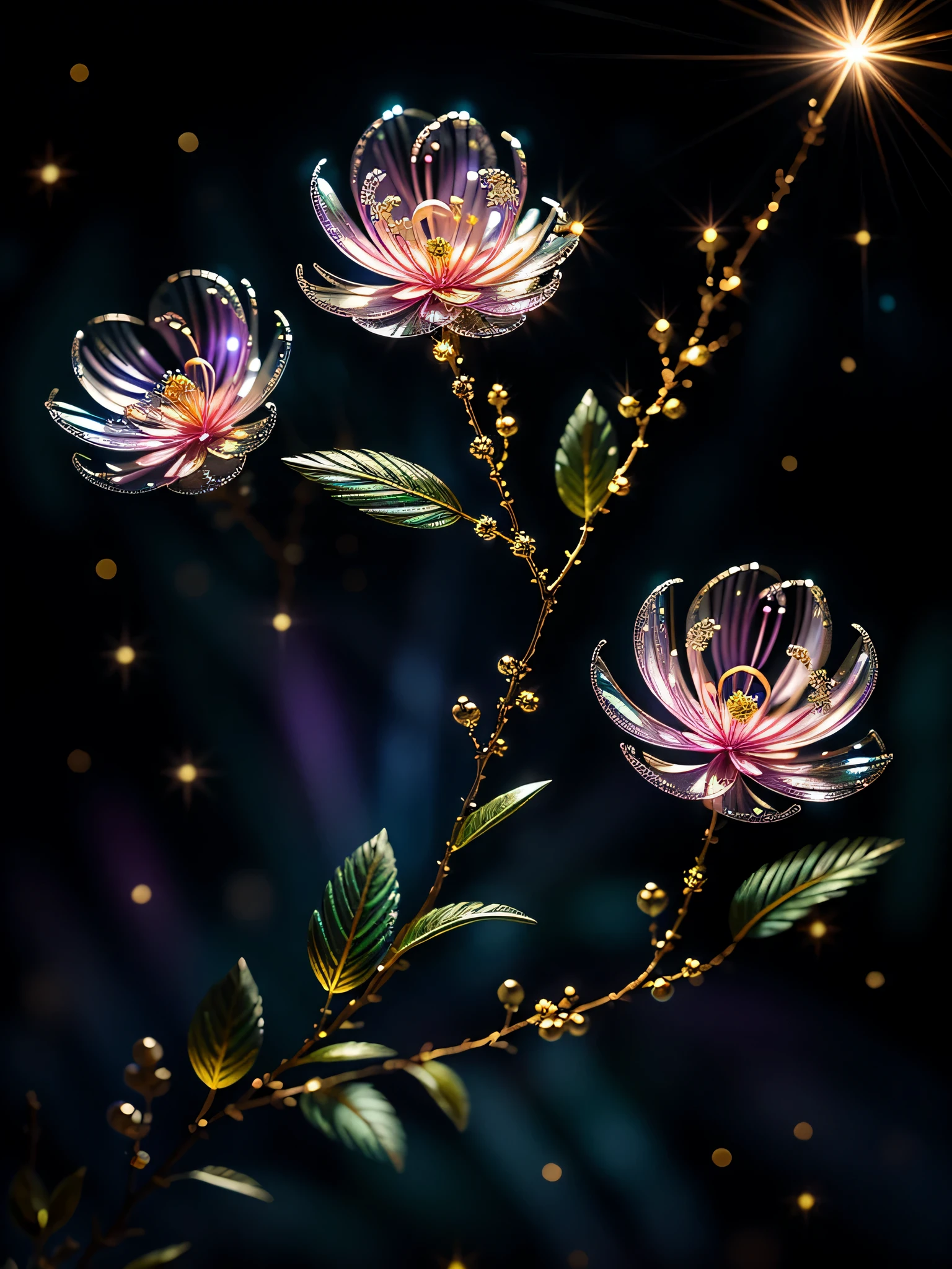 Delicate lilac branches, Ultra-transparent, holy Light, beautiful spectral Light, Petal Hair Light,Purple and blue leaves through the light line, Flash, Close up of a flower with a star in the background,Dark background, drops of transparent Light, reflective Light, bright, Light streaming in, Lightology, Sharp focus, magic, Wheels within wheels, Surreal, fantasy, work, Light, Trending on artstation, pearl, Silver Steam Guardian Cloud, Corrosion Envelope Ray Family, 8k, ureal ar 23v4 upLight