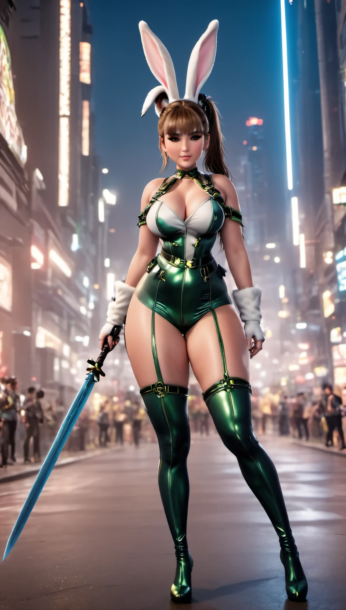 Eve wearing bunny costume, Stellar Blade, big breast, thicc thighs, curvy, 1girl,solo,heavy makeup,cute,earrings,ring braid,(lewd smile:1.1),holding big sword in hand,ponytail,idol,hooker, bunny costume,(in city:1.1), showing back, big buttocks,