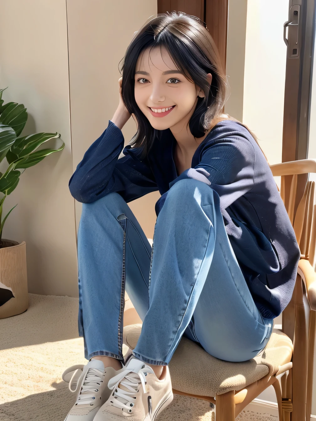 8k, Realistic, RAW Photos, highest quality:1.4), (Realistic face), (Black Hair、short hair、Beautiful Hairstyles、ear piercing、, smile、Beautiful teeth alignment、Beautiful little blue eyes, (Realistic skin texture), (Beautiful Skin),charm, Ultra-high resolution, Ultra-Realistic Skin, (Natural light)、Golden Ratio, ((smile)), ((full body shot)), Long sleeve(blouse、((Skinny jeans、sneakers) 、、Sit on a chair

