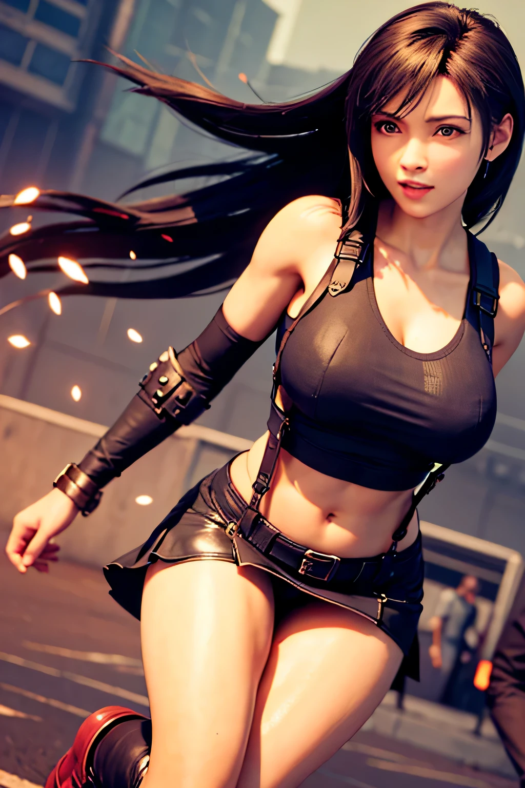 8k,​masterpiece, bset quality,huge tit、（1girl in、tifa lockhart、red_eyes、black hair、long hair、Flapping hair， Adult beauty、shinny skin、Shiny big)、 ((top-quality))、 Crisp focus:1.2、Highly detailed facial and skin texture、A detailed eye、face perfect、perfect bodies、art by、CG、Blur the background、Big breasts with a strong presence、（20yo,Mature cool and beautiful face、elongated eyes）、wear ((Suspender Black Skirt)),(( Black Elbow Gloves,White taut shirt、Thigh、white tank tops、Ankle Boots、Red boots、a navel、red blush))、upper body、a smile,Professional-looking light source、Fluttering hair、Random angles、 Low waist，thick thight、face lights， Cinematographic lighting、Midgar、The robotic weapons factory of the future、Fighting、Dynamic Actions、looking at viewert