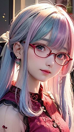 Small face、 (alone:1.5,)Very detailed,Bright colors, Very beautiful detailed anime faces and eyes, Look straight ahead, Shiny_skin,girl, (((Rainbow Hair, Colorful Hair, Half light blue、Half pink hair: 1.2))), 、Shiny hair, Delicate beautiful face, blush、Glasses、(Turquoise Eyes), , Valletta, Earrings,、Flower Garden、Sunset、(((Floral、Fashionable lace,tight、Semi-transparent red short-sleeved shirt)))、(Twin tails)、smile、Happy Face、face dyed red、Cheerful pose、dynamic、、Glassesに手を添える、turn right