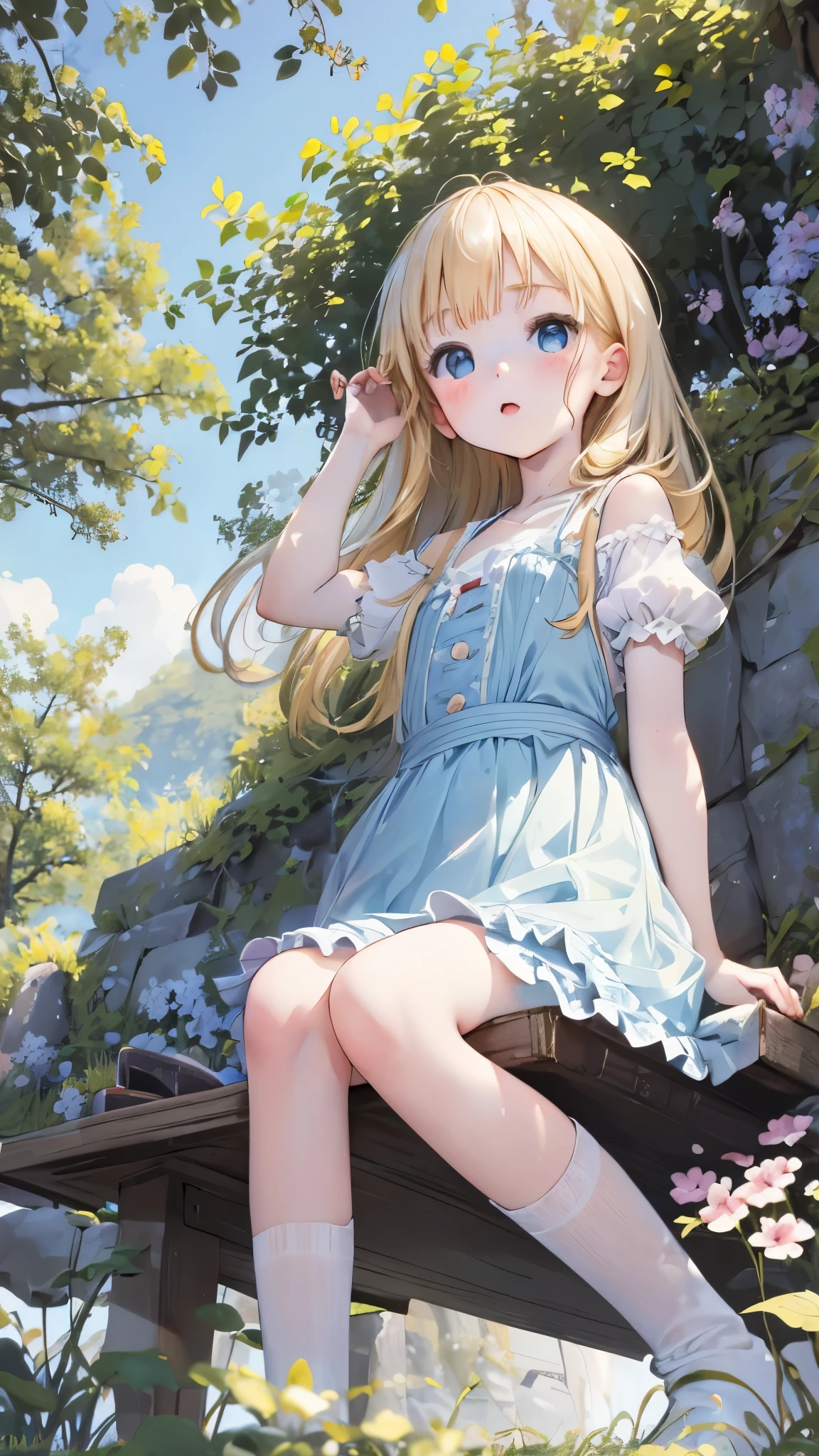 High resolution, (An illustration: 1.3), anime、((highest quality)), (Super detailed), (beautiful), ((peaceful countryside scenery、sitting on a stone bench and sunbathing:1.3)),(Baby face:1.8), alone,(8-year-old:1.4)、cute face、(alice in wonderland costume:1.4),white and transparent skin、(blue ribbon on head:1.3)、Shiny pale colorful blonde long hair,overjoyed face、(low position、from below:1.3)