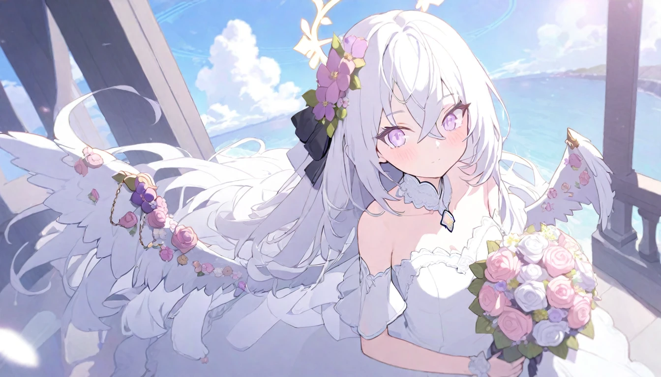 azusa \(blue archive\),AddXL, 1girl 1other alternate_costume angel_wings bare_shoulders blush bouquet breasts bridal_veil bride cleavage closed_mouth collarbone dress feathered_wings flower hair_between_eyes halo holding holding_bouquet jewelry long_hair looking_at_viewer small_breasts necklace out_of_frame pink_flower pink_rose pov pov_hands purple_eyes rose solo_focus strapless strapless_dress veil very_long_hair wedding_dress white_dress white_flower white_hair white_rose white_wings wings