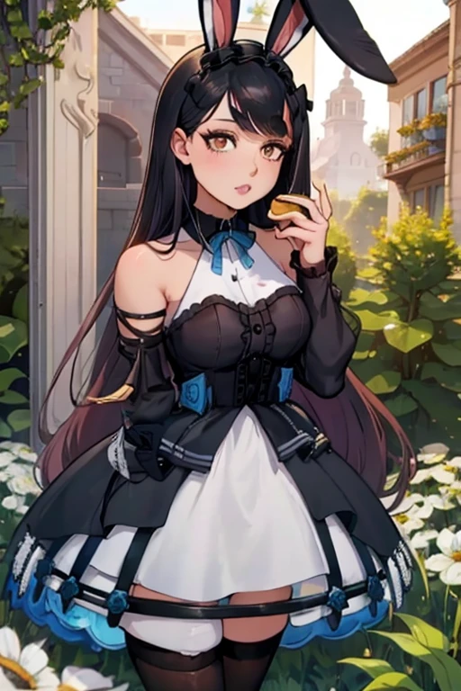 A black haired woman with brown eyes with an hourglass figure with black bunny ears in a cute ****ta is eating a cookie in the garden