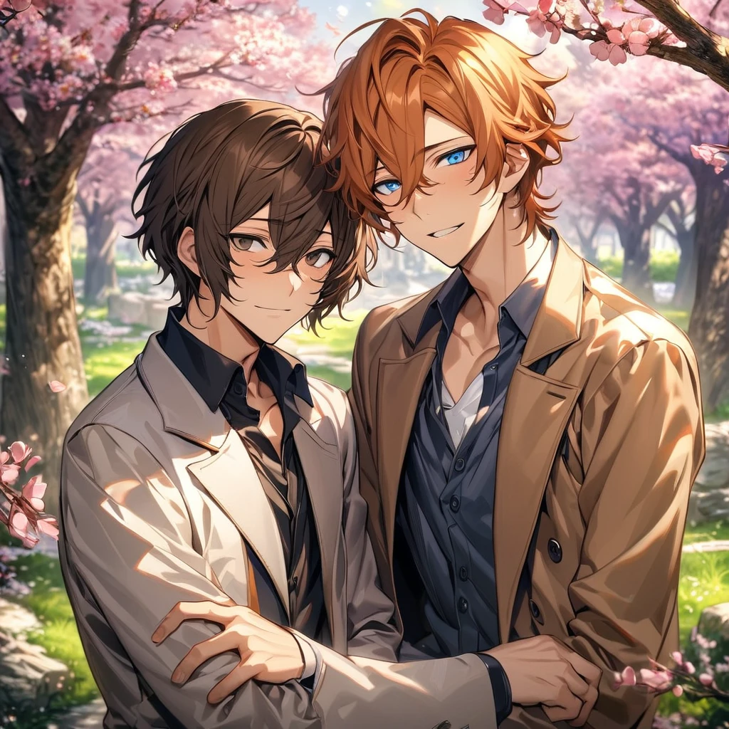 absurdres, highres, ultra detailed, HDR, master piece, best quality, extremely detailed face and eyes, Dazai Osamu, wavy brown hair, expressive brown eyes, Bungo stray dogs, Nakahara Chuuya, orange hair with a long strand on the right side, expressive blue eyes, 2men together, gay couple, handsome, spring, trees, blossoms, pink petals, pink butterflies