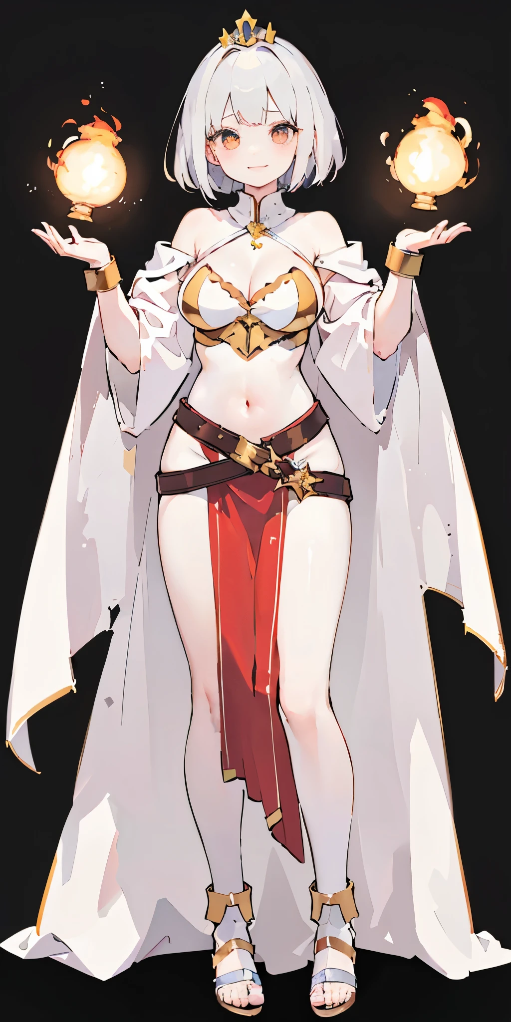 ((BLACK BACKGROUND 1:2, masterpiece)) 1solo female full body standing straight symmetrical with two long thighs and two metal sandals, red eyes like rubies, looking to the viewer, silver white hair, short bob style hair, big knockers breastplate, breastplate, cleavage, tiara royal, long cape up to two feet, yellow bikini (yellow tiger stripes), lustful smirking smiling, smile face (red blushed, red cheeks), pauldrons metal shoulders, gold sleeveless bracelets, separate sleeves, hands on waist hands OR hips, golden bracers, metal handcuffs, leather corset, red loincloth, black leather choker slave collar, shackles bracelets, slave red crest under navel, navel, big belt around waist OR hips, feet together, metal ankles
