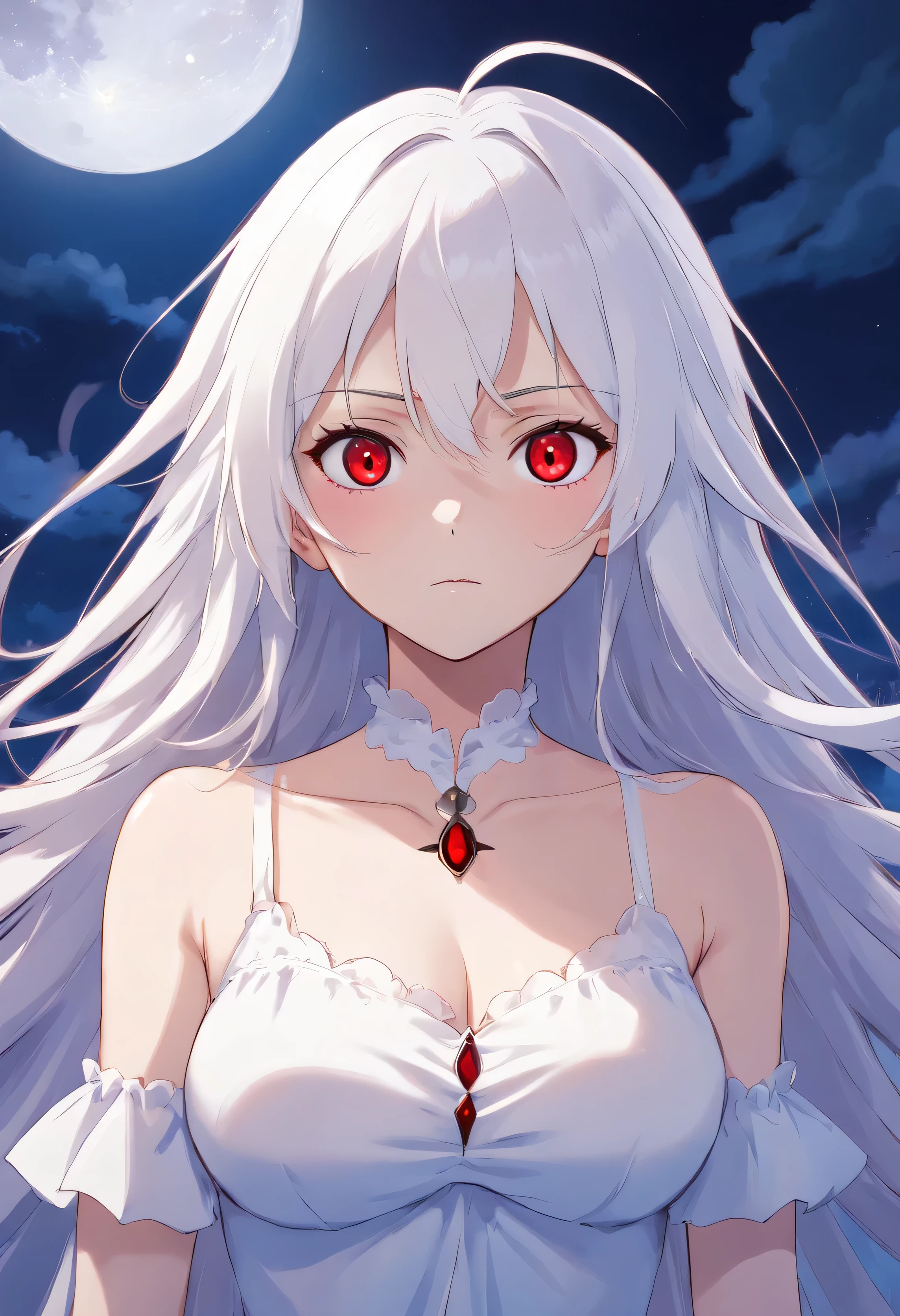 Anime Detailed, ((masutepiece,Best Quality)), Vampire, Beautiful detailed eyes, Detailed face, (Full body:1.2), White long hair, Red Eyes, Big sized breasts, (Moonlight background:1.2), bloody particles, Shaded face