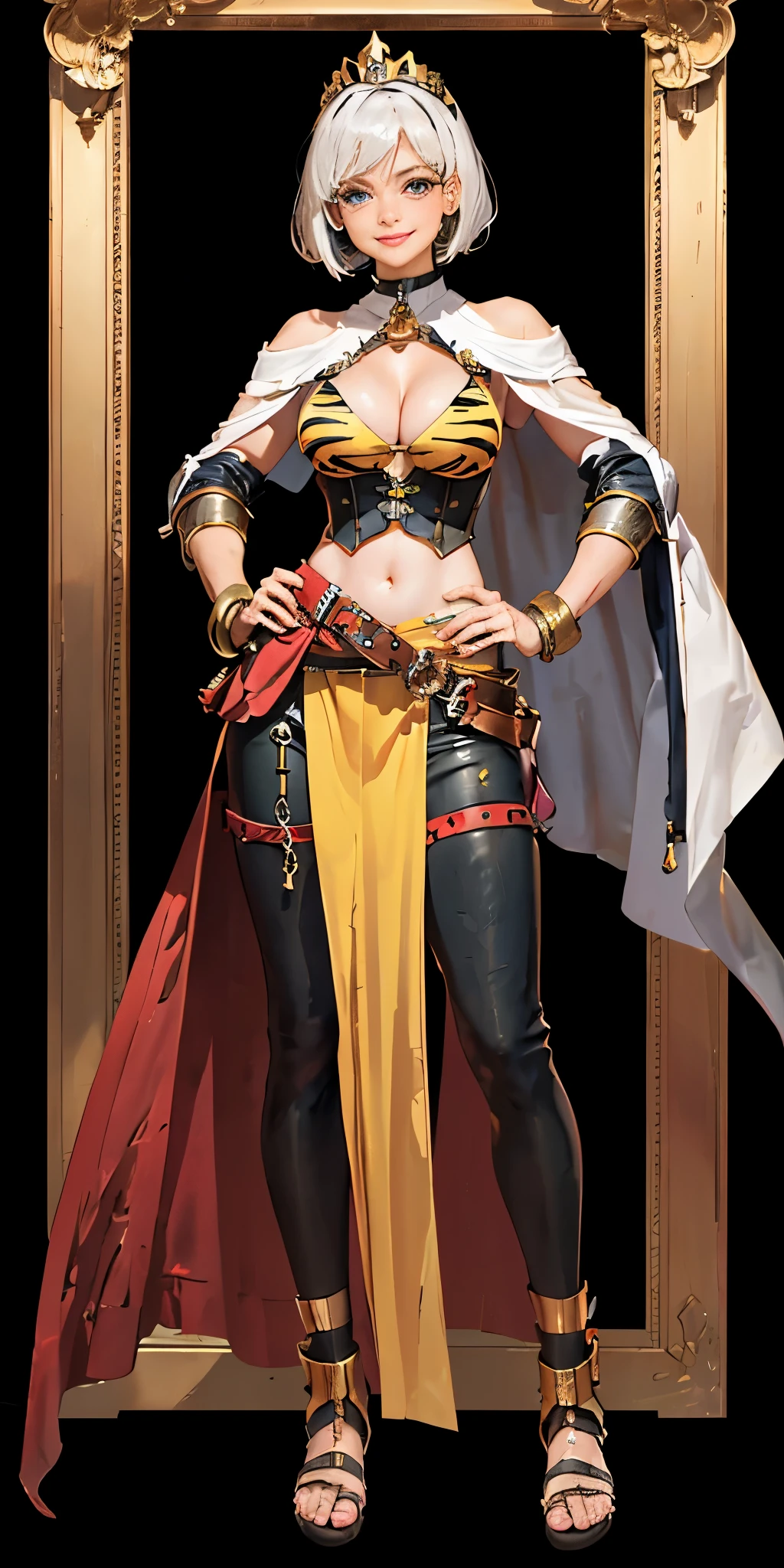 ((BLACK BACKGROUND 1:2, masterpiece)) 1solo female full body standing straight symmetrical with two long thighs and two metal sandals, red eyes like rubies, looking to the viewer, silver white hair, short bob style hair, big knockers breastplate, breastplate, cleavage, tiara royal, long cape up to two feet, yellow bikini (yellow tiger stripes), lustful smirking smiling, smile face (red blushed, red cheeks), pauldrons metal shoulders, gold sleeveless bracelets, separate sleeves, hands on waist hands OR hips, golden bracers, metal handcuffs, leather corset, red loincloth, black leather choker slave collar, shackles bracelets, slave red crest under navel, navel, big belt around waist OR hips, feet together, metal ankles