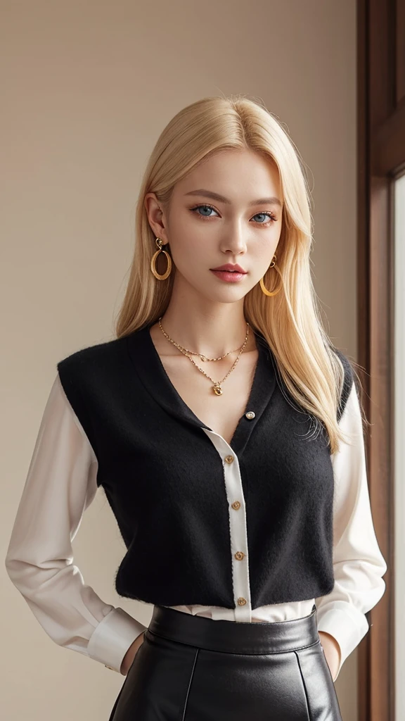 1 29 year old blonde woman with long hair posing for a picture, Beautiful blondeの女性, beautiful blonde woman, blonde and attractive features, Beautiful blonde, 8K Soft Portrait, Smooth blond woman, top model, Busty beautiful lady, (Blonde Swedish woman), Long blonde hair and amber eyes, Glossy blonde hair, ((amber colorの瞳)), (Upper body photo), (White button blouse:1.2), (Black wool tight skirt:1.3), A very simple necklace and very simple earrings, Perfect Makeup