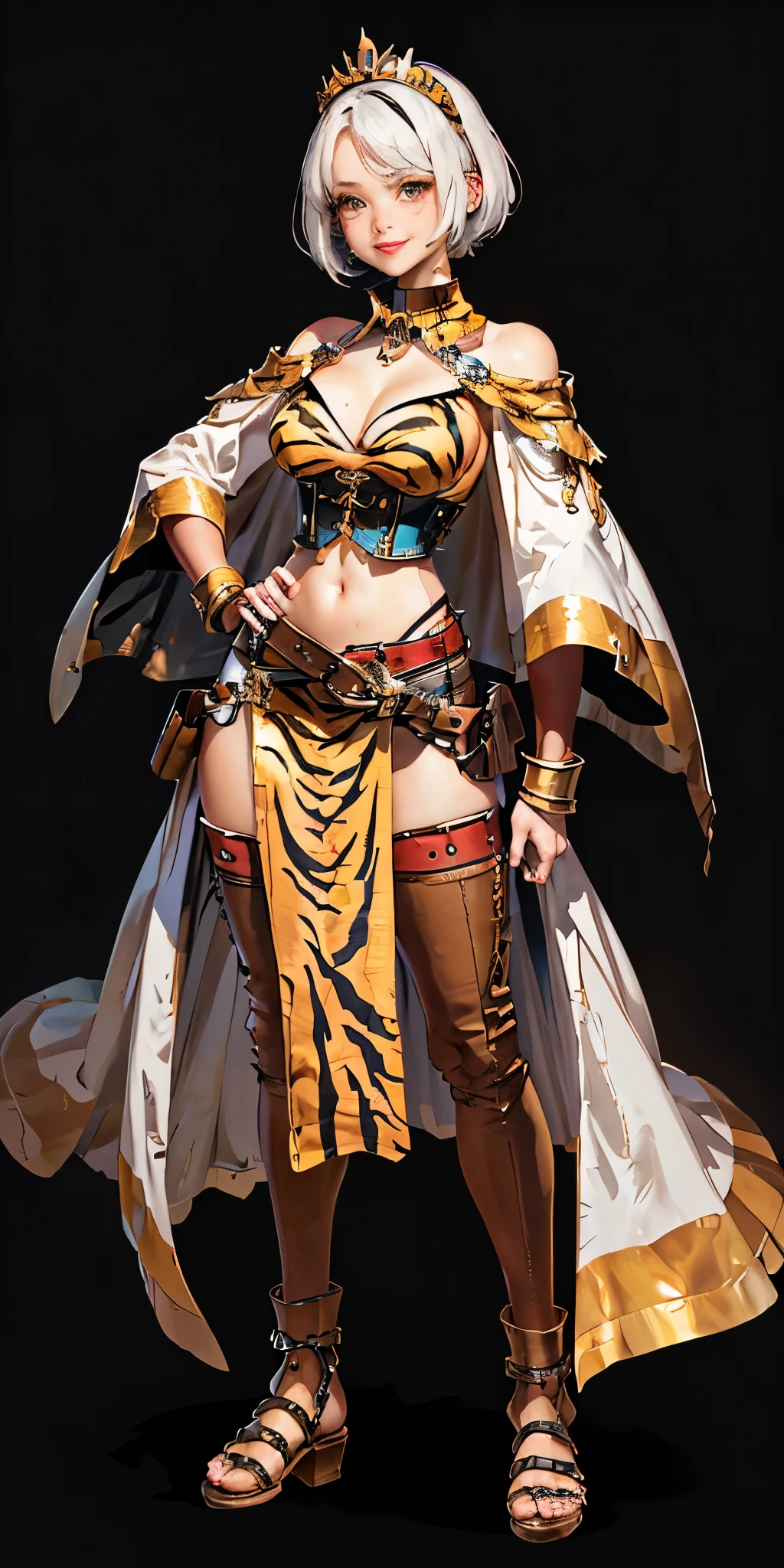 ((BLACK BACKGROUND 1:2, masterpiece)) 1solo female full body standing straight symmetrical with two long thighs and two metal sandals, red eyes like rubies, looking to the viewer, silver white hair, short bob style hair, big knockers breastplate, breastplate, cleavage, tiara royal, long cape up to two feet, yellow bikini (yellow tiger stripes), lustful smirking smiling, smile face (red blushed, red cheeks), pauldrons metal shoulders, gold sleeveless bracelets, separate sleeves, hands on waist hands OR hips, golden bracers, metal handcuffs, leather corset, red loincloth, black leather choker slave collar, shackles bracelets, slave red crest under navel, navel, big belt around waist OR hips, feet together, metal ankles