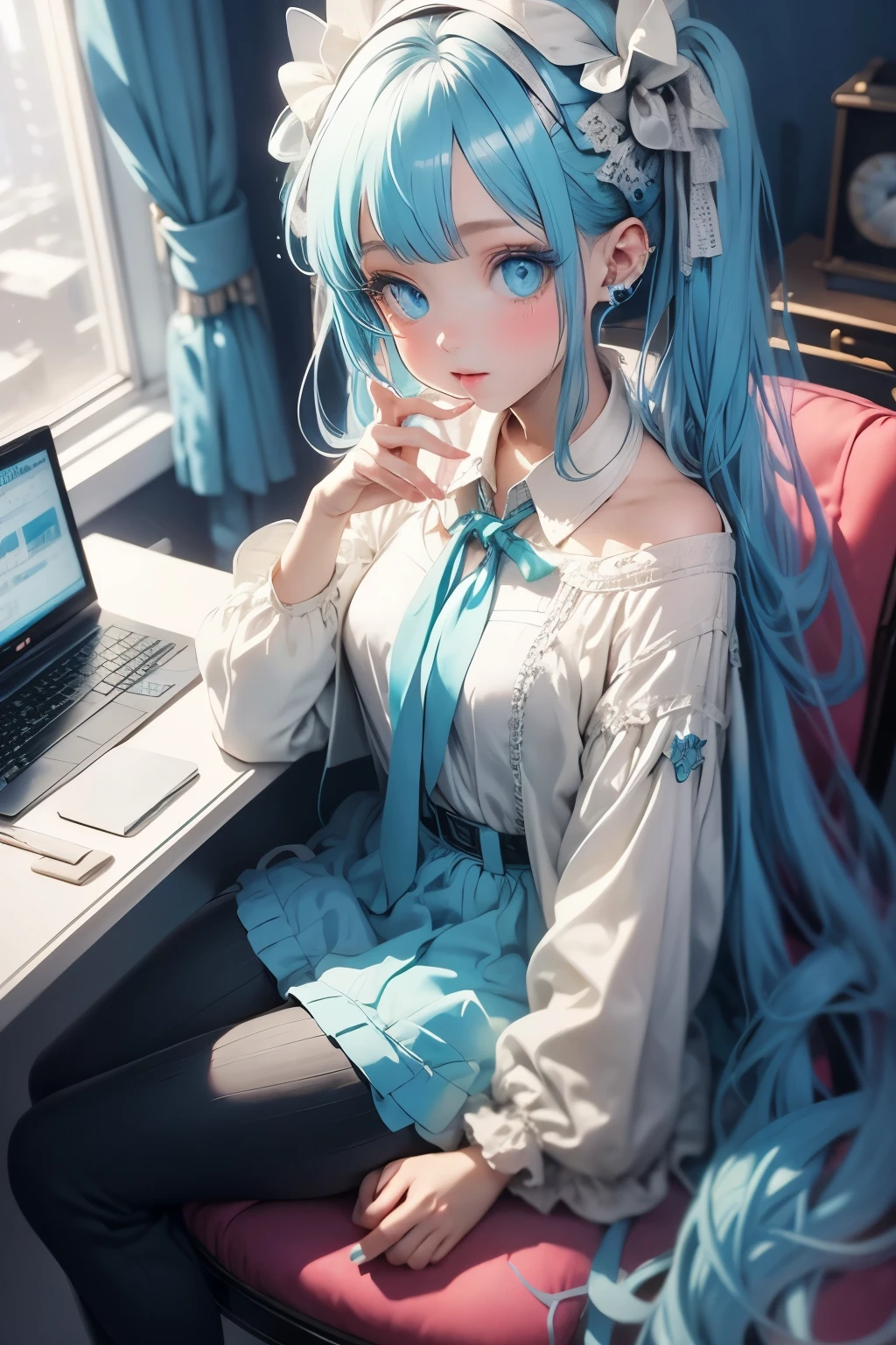 High quality painting, masterpiece, Miku Hatsune, big blue eyes, shiny material fabric, glossy hair, sitting on a chair operating a computer,