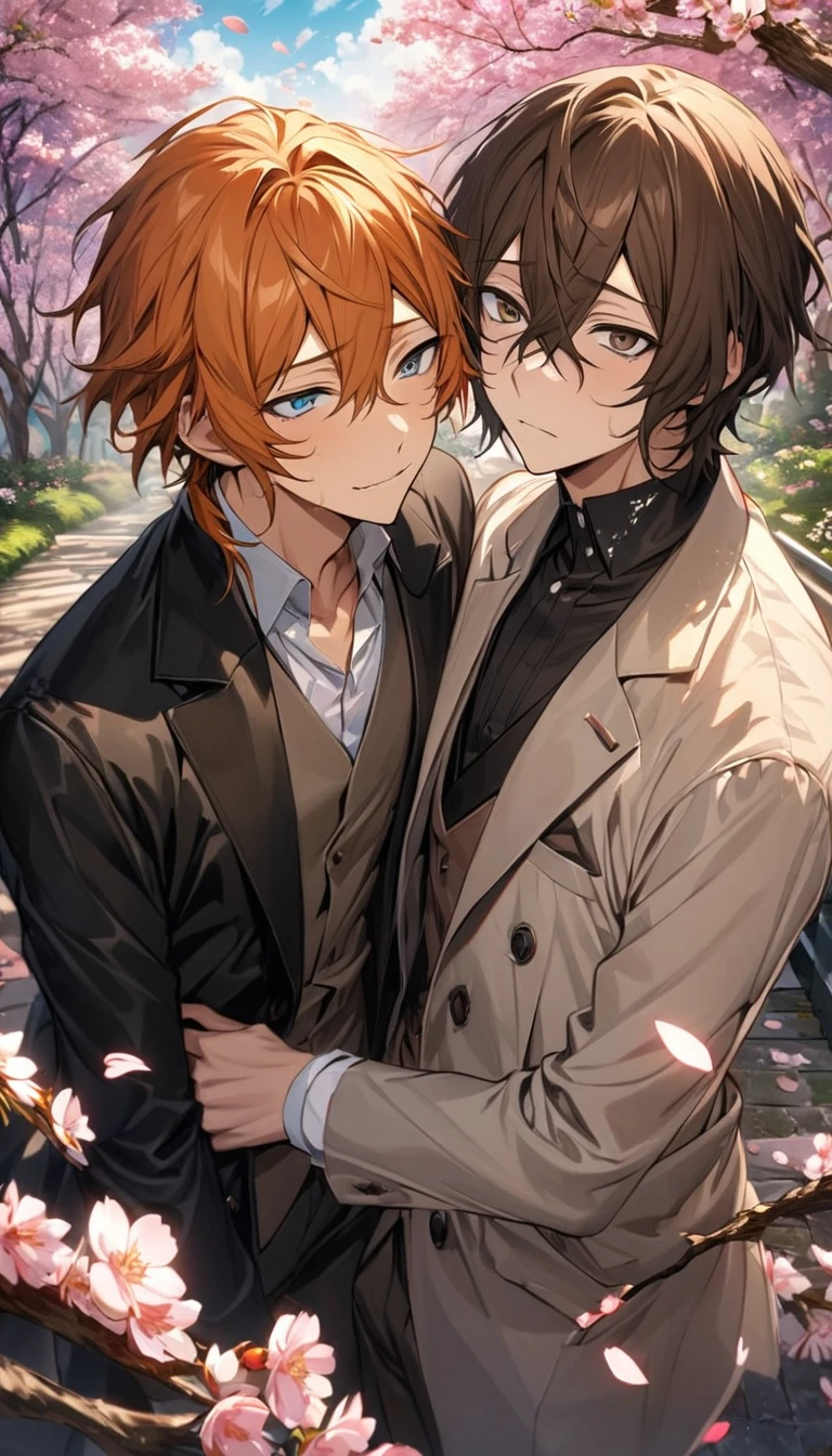 absurdres, highres, ultra detailed, HDR, master piece, best quality, extremely detailed face and eyes, Dazai Osamu, brown hair, expressive brown eyes, Bungo stray dogs, Nakahara Chuuya, orange hair with a long strand on the right side, expressive blue eyes, 2men together, gay couple, handsome, spring, trees, blossoms, pink petals, pink butterflies