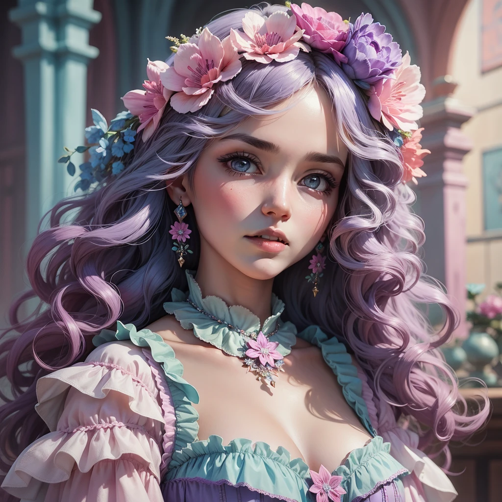 there is a doll with a purple and blue dress and a pink flower crown, 8k high quality detailed art, fantasy art style, cute detailed digital art, deviantart artstation cgscosiety, 4k highly detailed digital art, beautiful fantasy art portrait, beautiful digital illustration, artwork in the style of guweiz, fantasy art behance, beautiful fantasy portrait