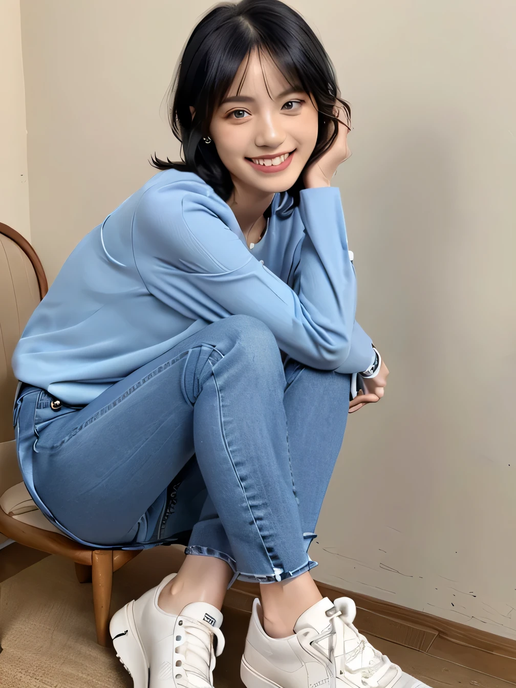8k, Realistic, RAW Photos, highest quality:1.4), (Realistic face), (Black Hair、short hair、Beautiful Hairstyles、ear piercing、, smile、Beautiful teeth alignment、Beautiful little blue eyes, (Realistic skin texture), (Beautiful Skin),charm, Ultra-high resolution, Ultra-Realistic Skin, (Natural light)、Golden Ratio, ((smile)), ((full body shot)), Long sleeve(blouse、((Skinny jeans、sneakers) 、、Sit on a chair