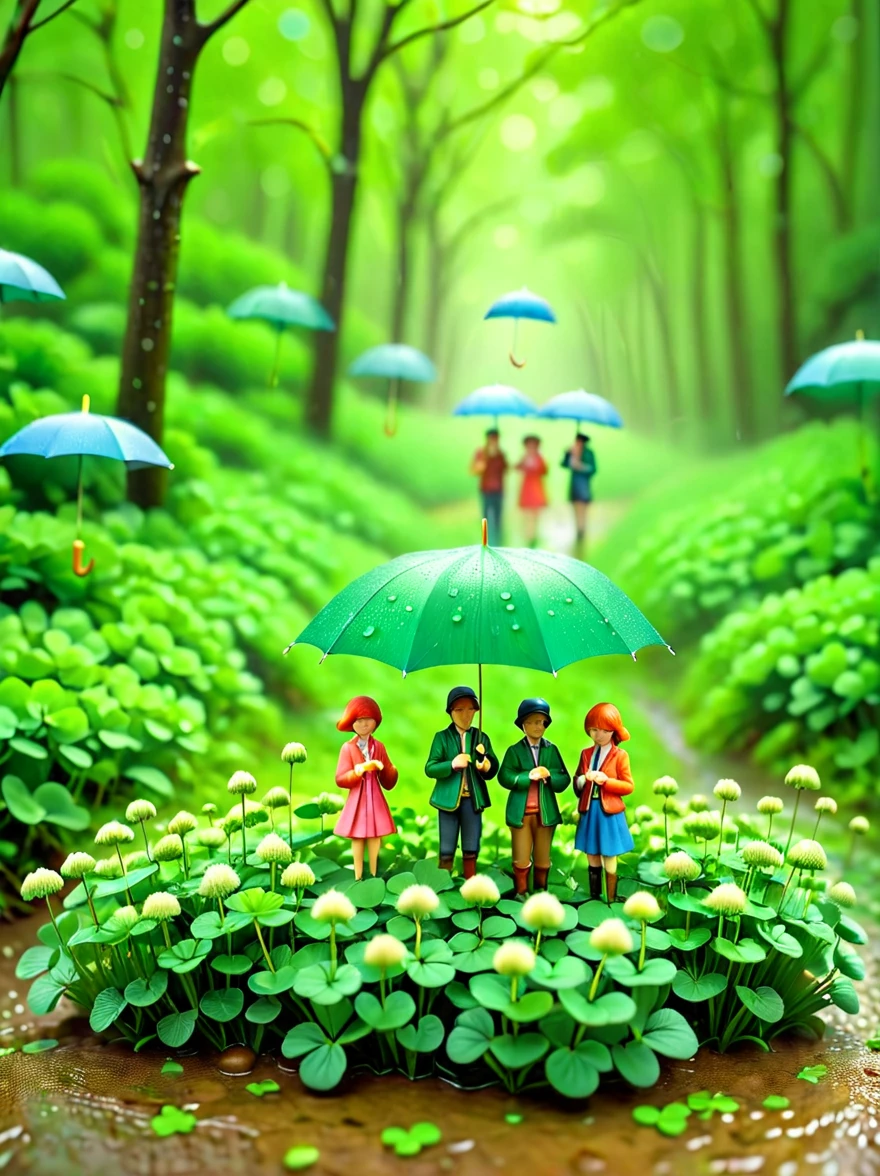 This is a miniature scene. In the middle of the picture is a clover. Some people are holding umbrellas next to the clover. Lush scenery, spring, rain, soft mist,high-definition natural light, tilt-shift photography, photographic work, octane render