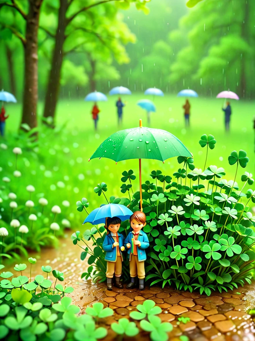 This is a miniature scene. In the middle of the picture is a clover. Some people are holding umbrellas next to the clover. Lush scenery, spring, rain, soft mist,high-definition natural light, tilt-shift photography, photographic work, octane render