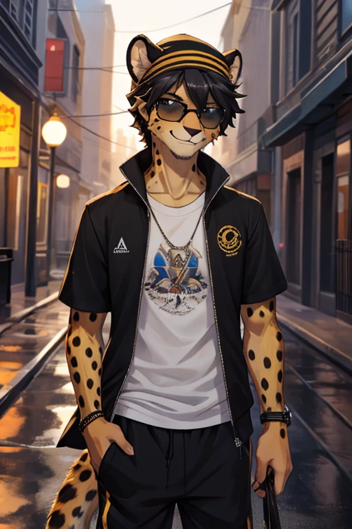 Cheetah, antro, male, solo, non-human, street clothes, Rain, younger, 20 years old, taller, messy hair, cheetah face, slim body, cheetah tail, sun glasses, black hair, little smile, furry, gorro de tela color negro, camiseta color amarillo, pantalon negro, ropa informal, chaqueta negra,