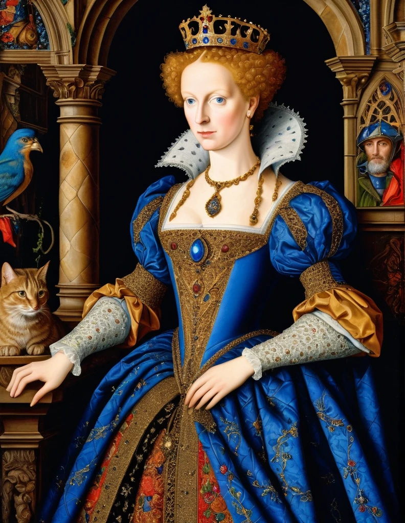 a photorealistic  picture of  beautiful Imaginary Queen of Ancient Medieval era, Nicholas Hilliard dan Isaac Oliver oil on canvas painting style, insanely detailed and intricate Medieval Scene Background, hyper maximalist