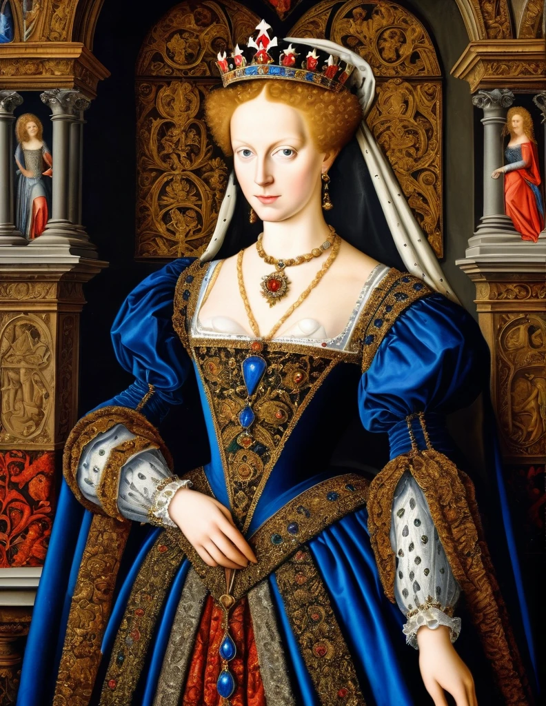 a photorealistic picture of beautiful Imaginary Queen of Ancient Medieval era, Nicholas Hilliard dan Isaac Oliver oil on canvas painting style, insanely detailed and intricate Medieval Scene Background, hyper maximalist