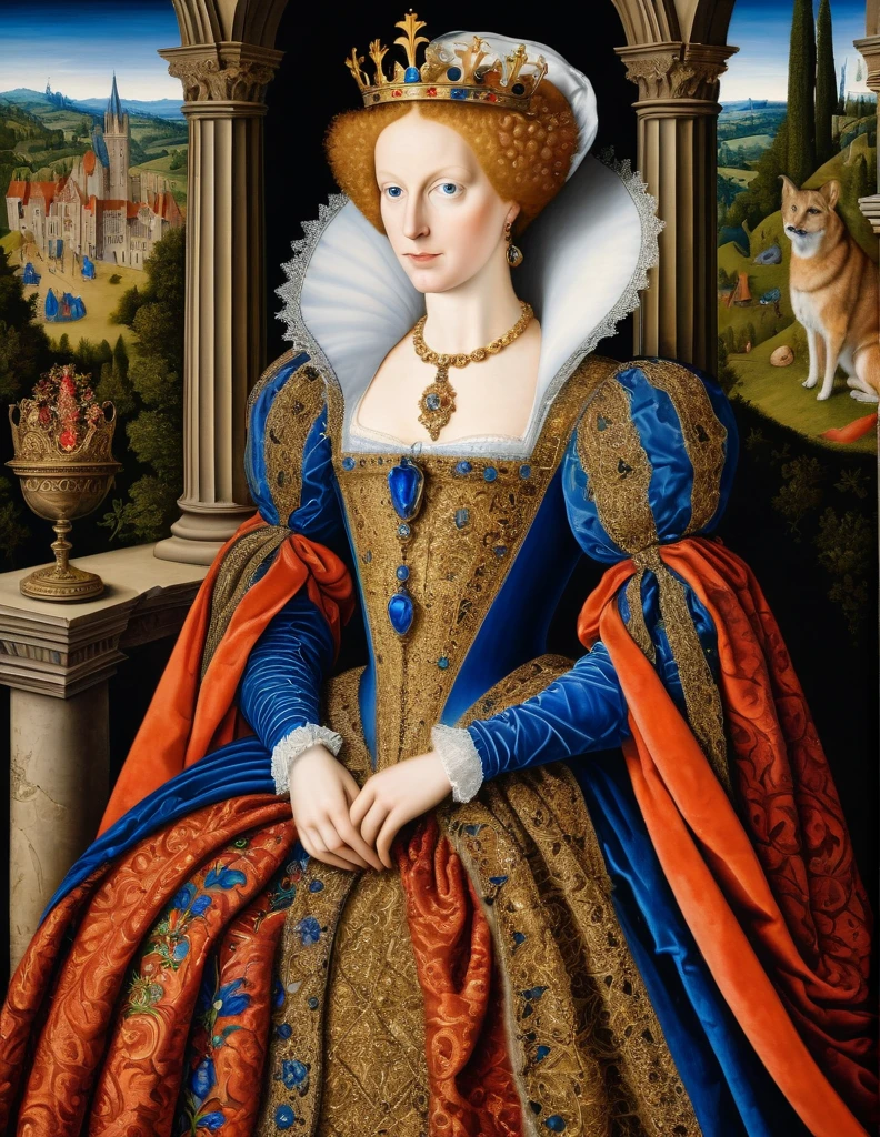 a photorealistic picture of beautiful Imaginary Queen of Ancient Medieval era, Nicholas Hilliard dan Isaac Oliver oil on canvas painting style, insanely detailed and intricate Medieval Scene Background, hyper maximalist