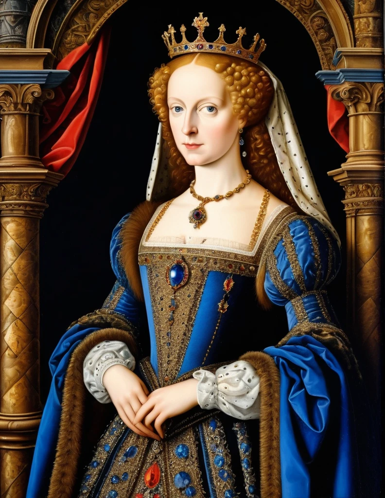 a photorealistic  picture of  beautiful Imaginary Queen of Ancient Medieval era, Nicholas Hilliard dan Isaac Oliver oil on canvas painting style, insanely detailed and intricate Medieval Scene Background, hyper maximalist