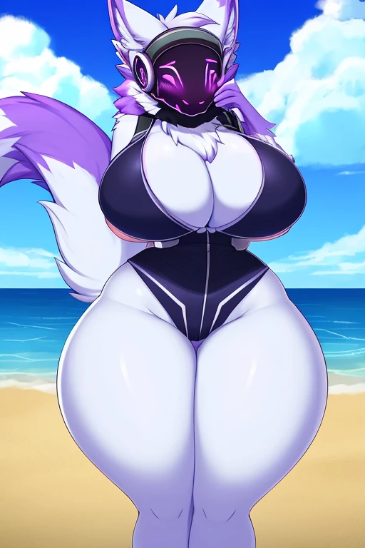 ((best quality, masterpiece, perfect anatomy, detailed picture)), 1female, arctic protogen, long visor, purple visor, purple eyes, hourglass body, huge breasts, huge thighs, huge ass, soldier clothing, fluffy tail, red blushing, shy, in the beach,