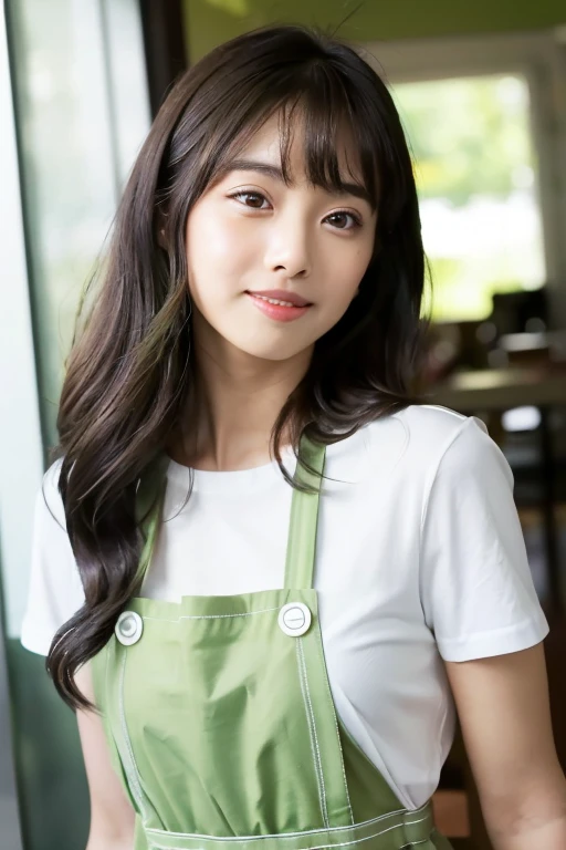 (software:1.8、masterpiece, highest quality),1 girl, alone, have, Realistic, Realistic, Looking at the audience, Light brown eyes, Brunette short bob hair with highly detailed shiny hair, short hair:1.8、Beautiful face in symmetry、White shirt、See-through underwear、Moss green apron、, Whity, lips, bangs, Outdoor, Mouth closed, Upper Body、Big eyes、eyelash、((very simple green background:1.8))、(((bangsのあるshort hair、Big eyes、big and full chest、Looking at the audience、Beautiful beauty、Show me your ears、Long neck、smile、please close your mouth and smile)))、Ideal body type、(((({Huge|big|Hugeな|Mega} chest:2, chestの谷間:2、幸せなsmile、Beautiful Teeth、))))