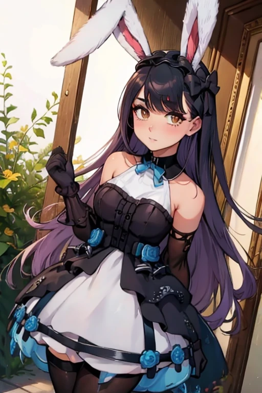 A black haired woman with brown eyes with an hourglass figure with black bunny ears in a cute lolita is picking flowers in the garden