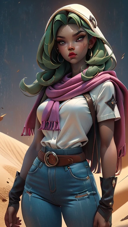 the best possible quality, 8k ultra resolution, stunning illustration, O melhor de tudo, premiado, como ser o melhor, Cowboy Hat Leather Belt with Buckle, Weapons in every hand, Action pose Adds effect at the end., Jaqueta de couro rosa, scarf neck length, pink sunglasses:1.3, ripped and worn light-colored jeans, ((rosado, ciano, marrom, verdes ,Cores brancas: 1.5)), epic desert scenery: 1.5, Fotorrealista: 1.4, textura da pele: 1.4, Super obra-prima, super detalhado, hiper detalhado, 32K