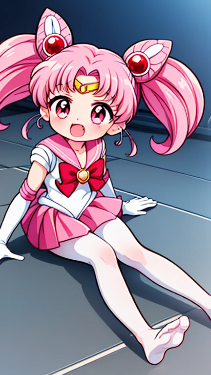Sailor Moon,young年,Seven years old,cute,(Little Loli),Pink hair twintails,short hair,Sailor Suit,Red bow,White elbow gloves,Red Skirt,No shoes,Open your mouth,laughing out loud,Fangs,(White pantyhose),soles of feet,Soles,(young),(little man),sit
