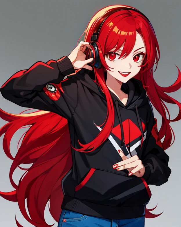 1woman, black hoodie jacket suit, red symbol print in hoodie jacket, long hair, red hair, short jeans pant, smile, red lipstick, red eyes, black Headphone,