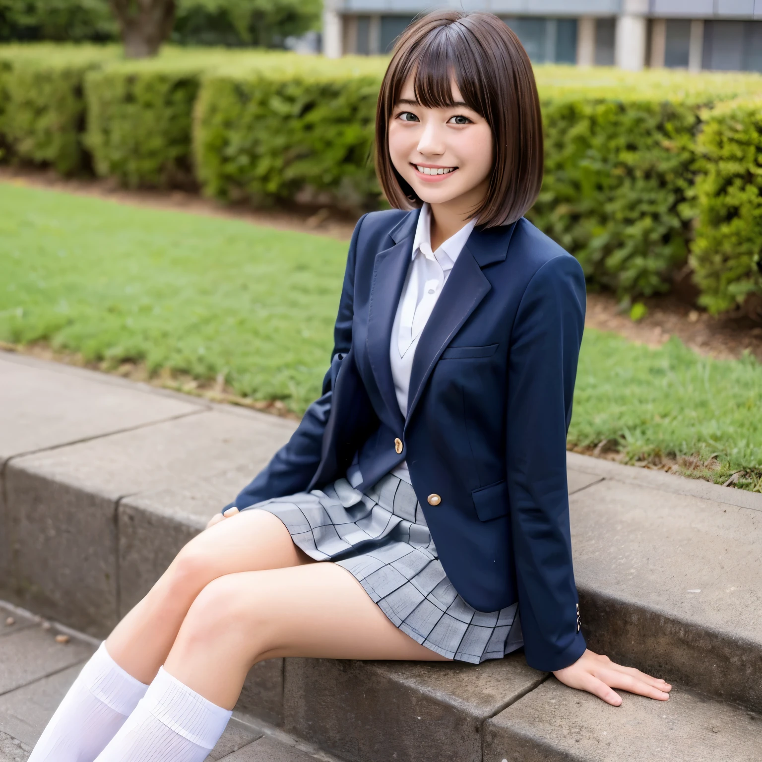 (a beautiful girl,white mask,short hair,moving posture,,Navy blue blazer,Navy blue pleated miniskirt),(The art of math,illustration),(bright colors,soft light),(best quality,Super detailed,photorealistic:1.37),(fresh and young,expressive eyes,red face),(playful smile,dynamic composition)。