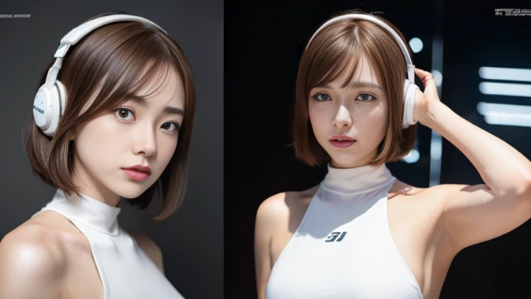 ((highest quality)), ((masterpiece)), ((Realistic)) 19 years old, Redhead girl, Shoulder-length hair, リラックスした幸せなface,(非常にdetailedな目), ((thin)) ,Rubber bodysuit, ( White one piece swimsuit ) ((sexy )) ,Slender figure,textured pixie haircut (((detailedなキャラクターシート, Front view, ~ side面図, 3/4 Views))) (((cyber punkの背景))) 6 and a half whole bodies,4K,UltraSharp,Multiple Views of the same character,Charterner v2, One girl, Slender figure, (Headphones),Brown Hair, Long Hair, Orange eyes, Same clothes, Concept Art, detailed_face, line_sketch, plan, Official Art, Official Alternative Costumes, Design style, multi style, detailed character, 4_~ side, original, 8K GC, massive detailed, Multiple Views of the same character, character, technical illustration, Multiple Views,masterpiece,highest quality(masterpiece, highest quality), 32k,(非常にdetailedな美しい女性), Poster,SF,Bauhaus, shape, Abstract,movie Poster, Vintage,Retro,Future Anime,The ultimate map,highlight,Headphones,Very detailed glowing eyes,Cleavage,Complex patterns,stylish hairstyle,fluorescence((White clothes)),Starry Sky,cyber punk