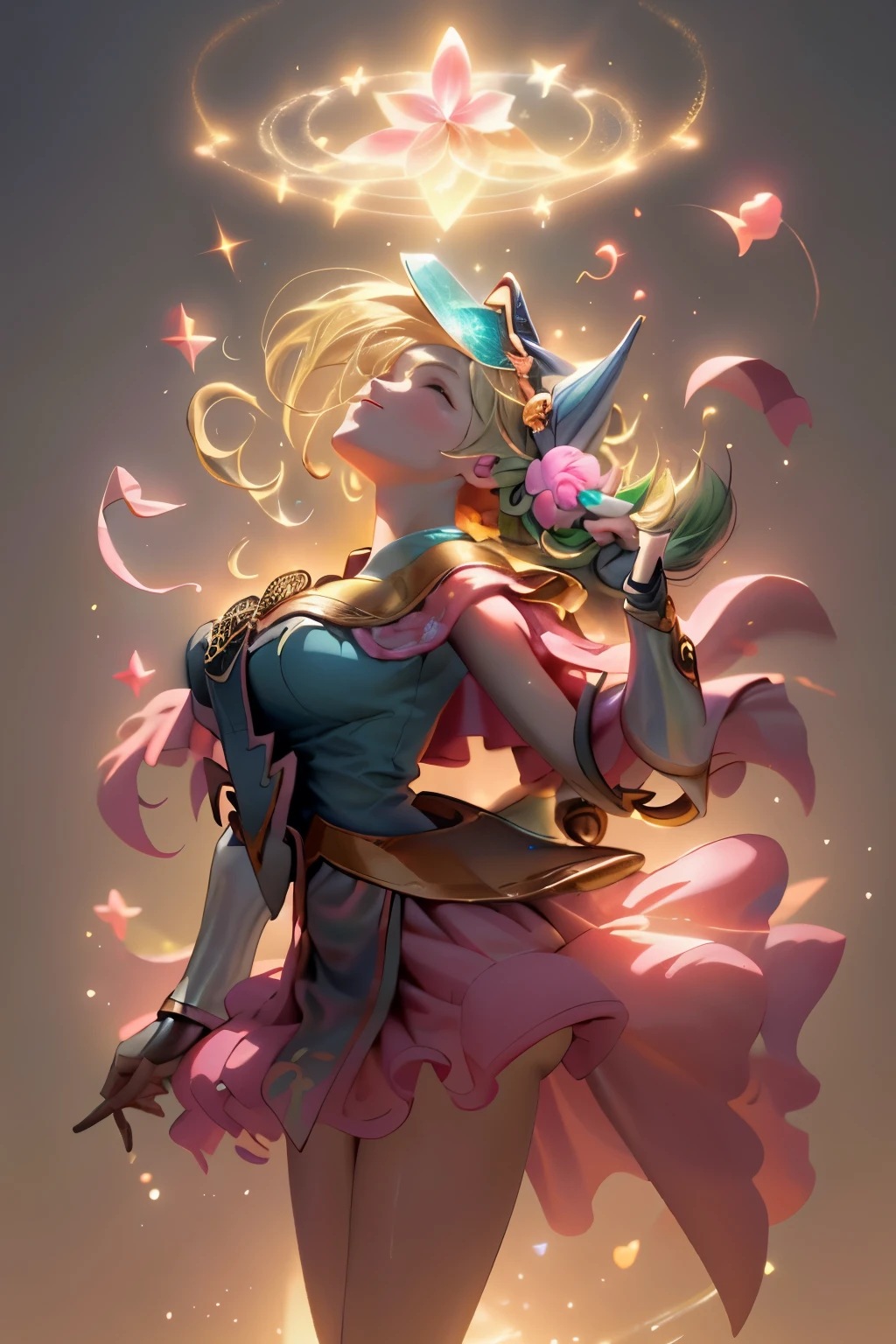 Obra maestra:1.2), (La mejor calidad:1.2), Perfect lighting, Chica Maga Oscura, lanzando un hechizo y flotando en el aire, tetas grandes, escote, fondo de magia. Corazones transparente en el ambiente, ella usa tacones