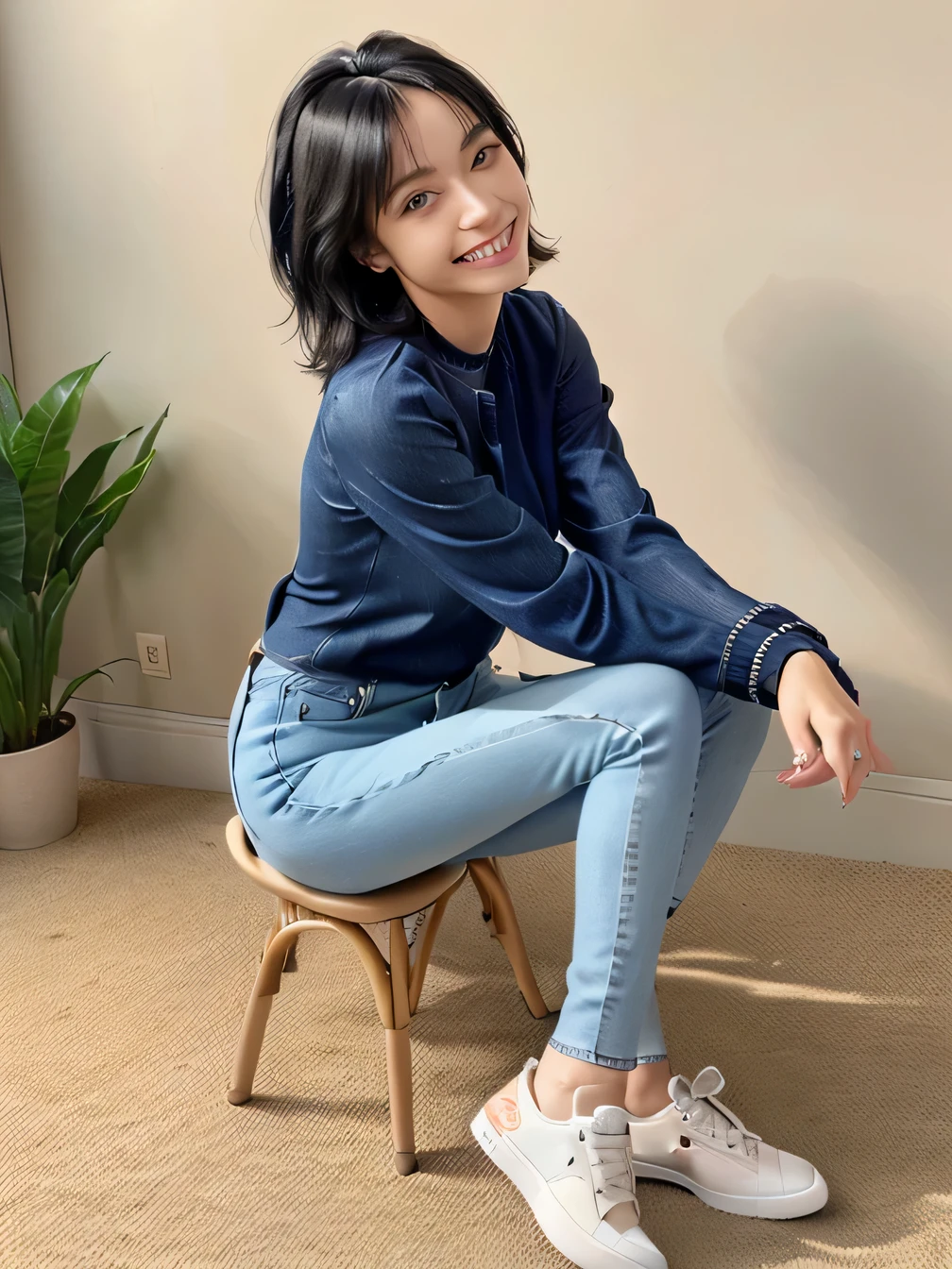 8k, Realistic, RAW Photos, highest quality:1.4), (Realistic face), (Black Hair、short hair、Beautiful Hairstyles、ear piercing、, smile、Beautiful teeth alignment、Beautiful little blue eyes, (Realistic skin texture), (Beautiful Skin),charm, Ultra-high resolution, Ultra-Realistic Skin, (Natural light)、Golden Ratio, ((smile)), ((full body shot)), Long sleeve(blouse、((Skinny jeans、sneakers) 、Sit on a chair