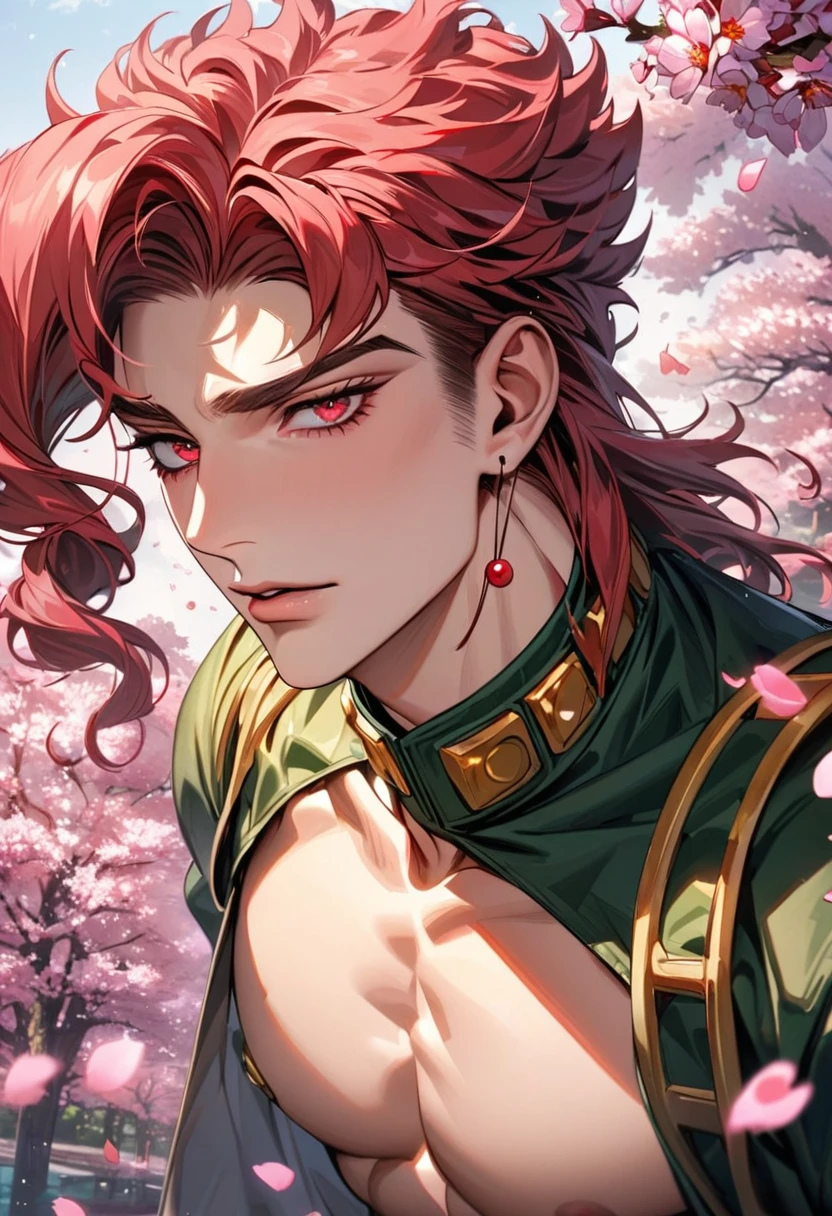 absurdres, highres, ultra detailed, HDR, master piece, best quality, extremely detailed face and eyes, Kakyoin, red hair, expressive red eyes, jojo bizarre adventure, solo, sexy man, handsome, spring, trees, blossoms, pink petals, pink butterflies