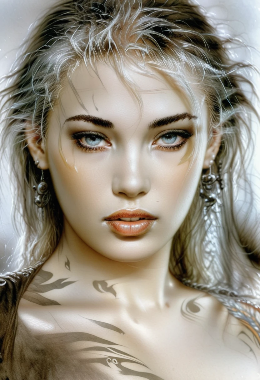 Hyper photo realistic picture perfect luis royo tattooed, hyper realistic face, realistic detailed skin, 8k photo perfect Realism, luis royo background 