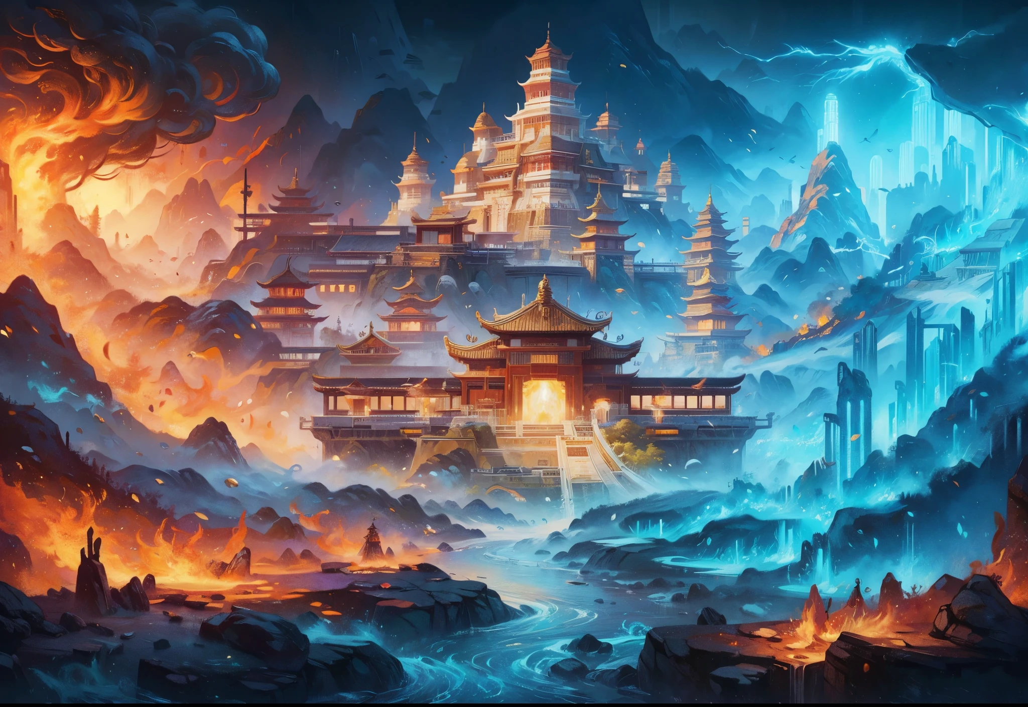 a painting of a castle surrounded by mountains and fire, cyberpunk chinese ancient castle, an ancient city on fire, detailed fantasy digital art, 8k stunning artwork, highly detailed fantasy art, 4k fantasy art, 8k high quality detailed art, 4k highly detailed digital art, symmetrical epic fantasy art, detailed digital 2d fantasy art, 8k fantasy art