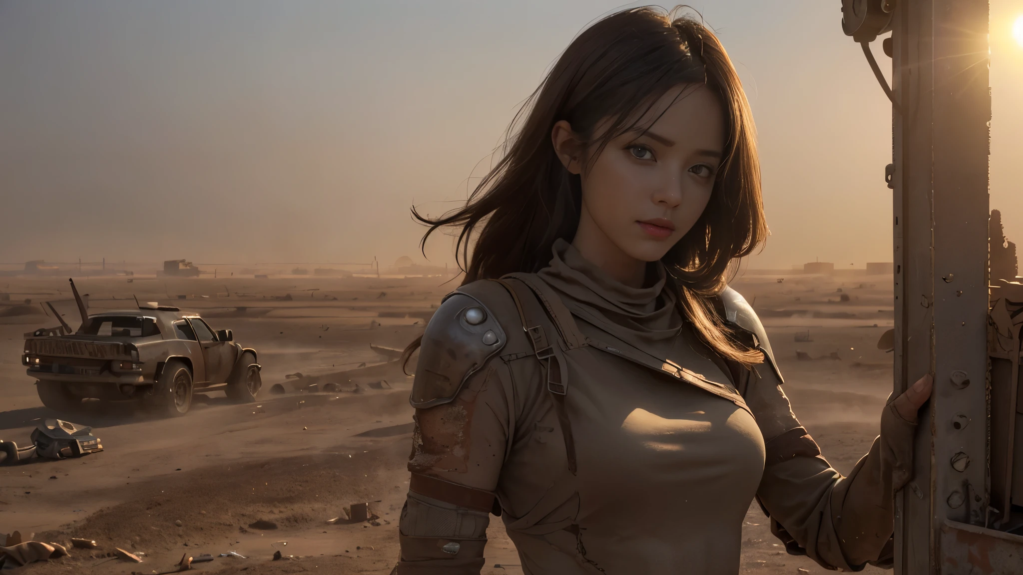 (Super detailed,best quality,high resolution:1.2),(Practical:1.37),post apocalyptic, (A girl), (Detailed face), Sexy, (Large Breasts), Desert wasteland,barren landscape,City ruins,sandstorm,Fierce sunlight,dusty atmosphere,War-torn,Ragged clothes,,Dystopian,desolate,Futuristic,severe,Gritty,Dynamic,faded color,dirt, dusty, it's foggy, evening sun,Blinding Lights,Soft colors, dirty, dusty, Practical lighting and shadowing, high resolution, Super detailed, 1 young girl,Cinema-grade lighting effects,(medium distance lens)