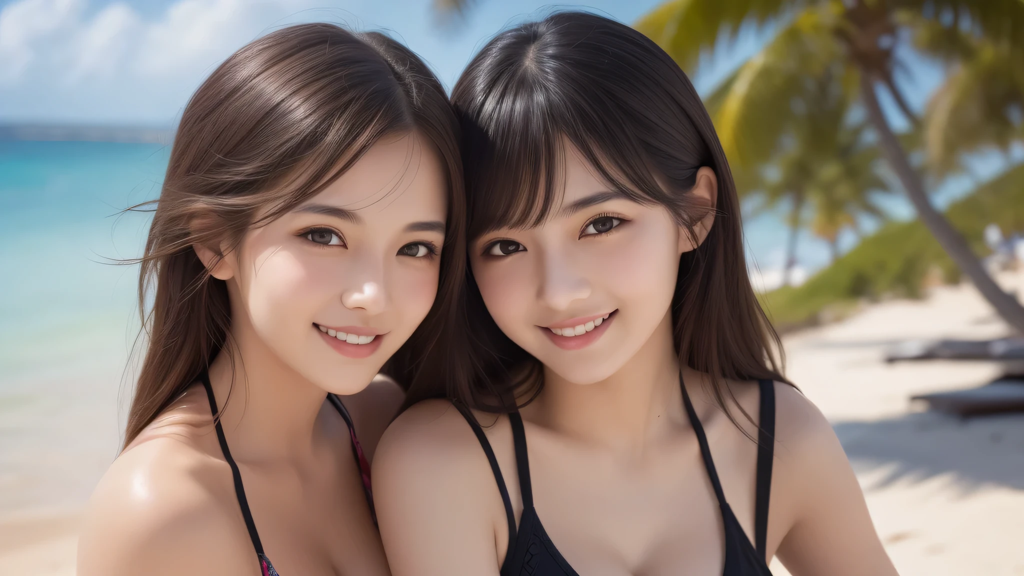 (2girl), (ultimate beautiful girl), (cute face), (smiling), cleavage, (Best Quality:1.4), (Ultra-detailed), (extremely detailed beautiful face:1.2), (highly detailed Beautiful face), (extremely detailed CG unified 8k wallpaper), High-definition raw color photos, Professional Photography, Extremely high resolution, fashionable, Highly detailed, bikini, beach, palm trees,