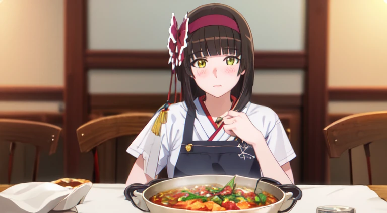 Masterpiece, Best Picture Quality, (Ultra-High Definition), 8K, (Realistic:1.4), (Photorealistic:1.4), Shallow Depth of Field, Half-rim Lighting, Lens Flare, Cute Woman, (Adult:1.4), Bangs, Blush, Yellow Eye, (Restaurant), ((white stew on table)), Te,tsukimichi_ spider