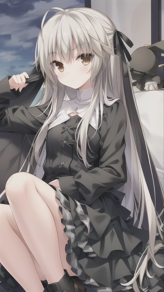 ((masterpiece:1.4, best quality)) ,Kasugano Sora,1 cool girl,Brown eyes,Plush Toys,Stuffed Animals,stuffed bunny,outdoor,night,Happy,eternal,Black Hat，Black coat，Black knee-high socks Jane Shoes，Home，Sitting on the sofa，Black coat