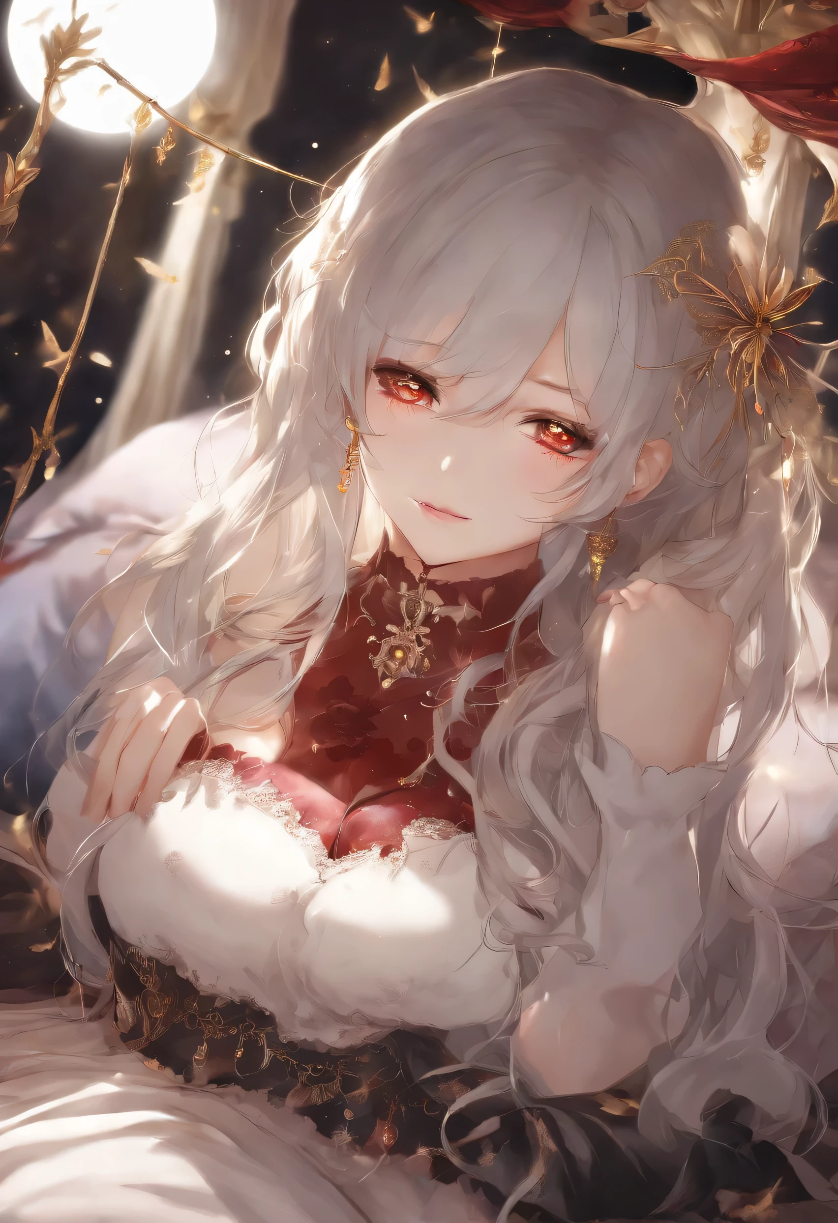 (masutepiece,Best Quality)), Vampire, Beautiful detailed eyes, Detailed face, (Full body:1.2), White long hair, Gold Eyes, Big sized breasts, (Moonlight background:1.2), bloody particles, Shaded face ,Sleep suit, on the bed in bed room
